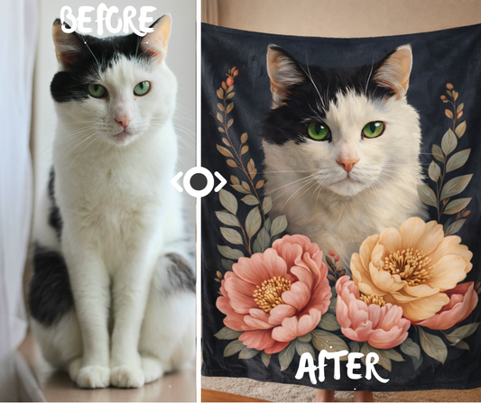Floral Cat Portrait Fleece Sherpa Blanket