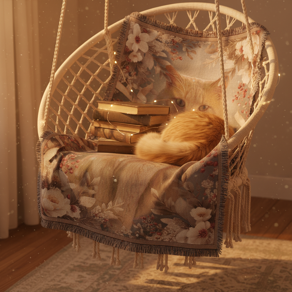Winter Floral Cat Portrait Woven Blanket