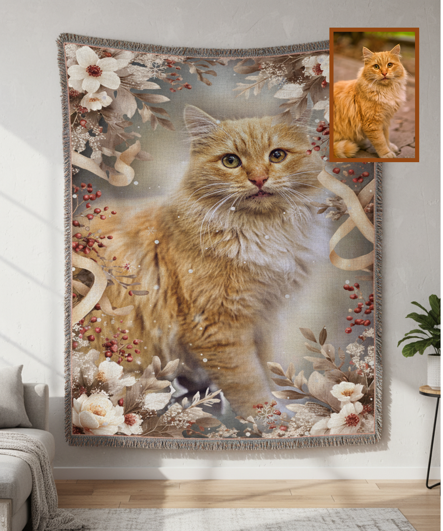 Winter Floral Cat Portrait Woven Blanket