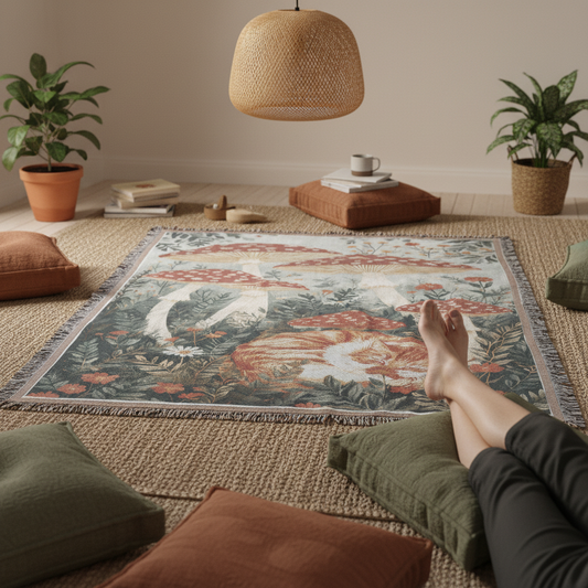 Mushroom Cat Woven Blanket