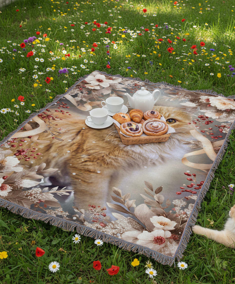 Winter Floral Cat Portrait Woven Blanket