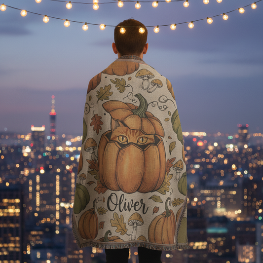 Personalized Pumpkin Cat Woven Blanket