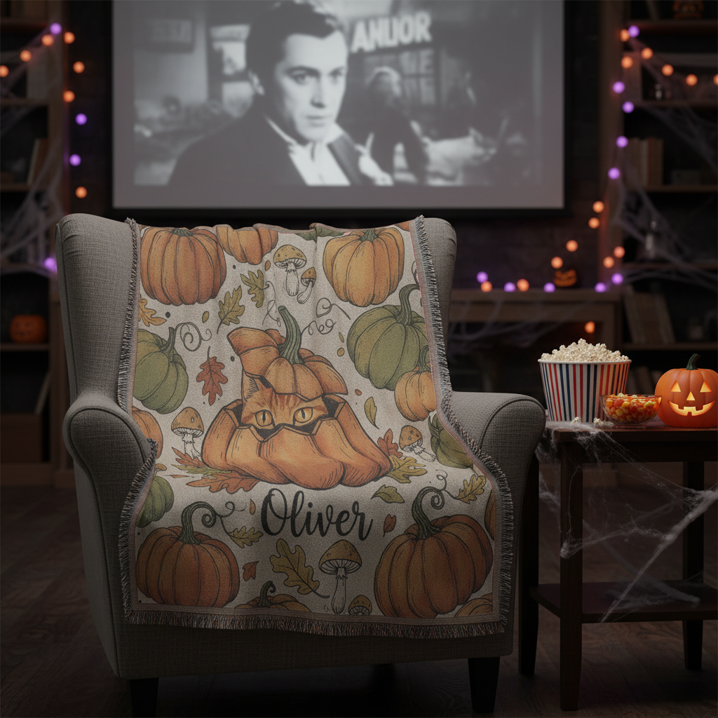 Personalized Pumpkin Cat Woven Blanket
