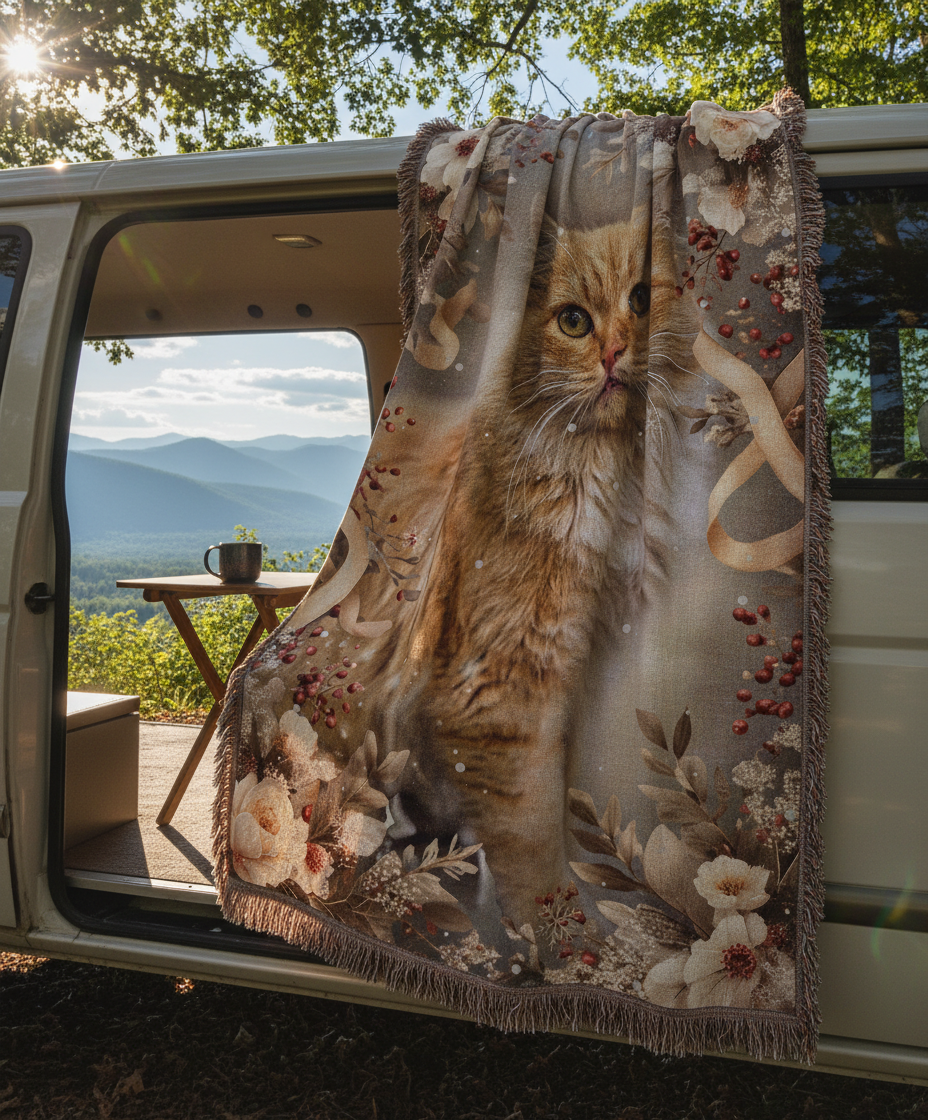 Winter Floral Cat Portrait Woven Blanket