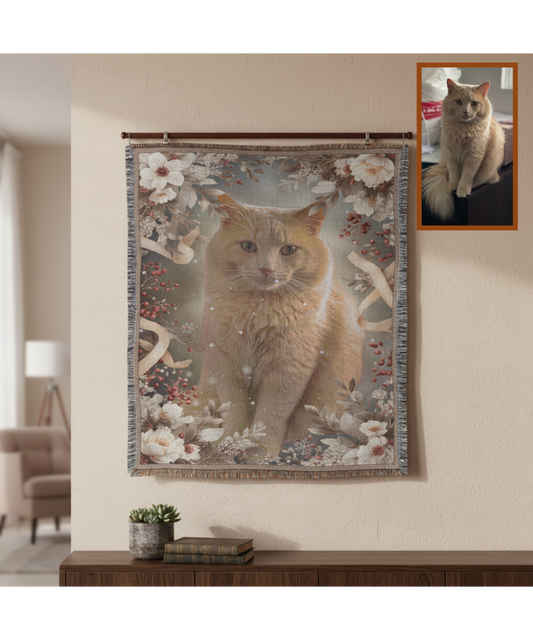 Winter Floral Cat Portrait Woven Blanket