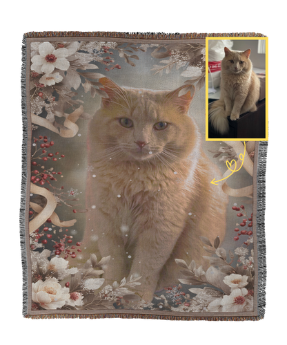 Winter Floral Cat Portrait Woven Blanket