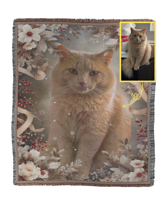 Winter Floral Cat Portrait Woven Blanket