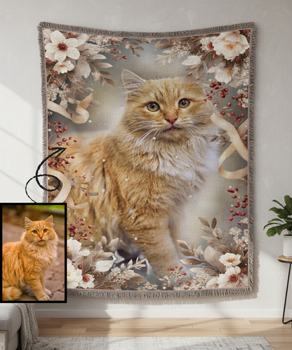 Winter Floral Cat Portrait Woven Blanket