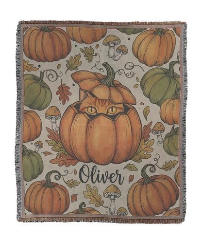 Personalized Pumpkin Cat Woven Blanket
