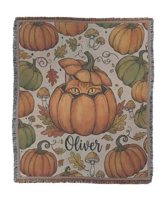 Personalized Pumpkin Cat Woven Blanket