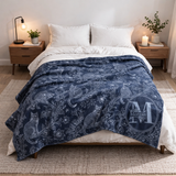 Reverse Toile de Jouy Cat Blanket, Personalized Navy Sherpa Throw with Monogram