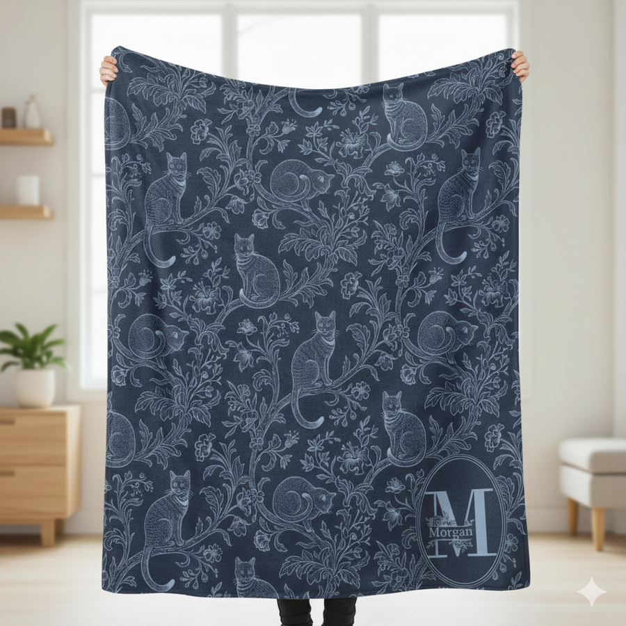 Reverse Toile de Jouy Cat Blanket, Personalized Navy Sherpa Throw with Monogram