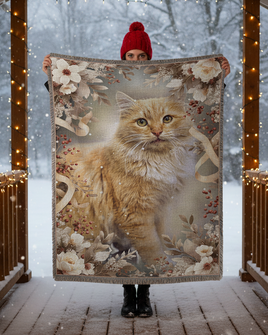Winter Floral Cat Portrait Woven Blanket
