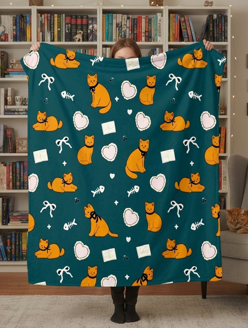 Orange Cat Hearts Sherpa Blanket
