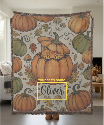 Personalized Pumpkin Cat Woven Blanket