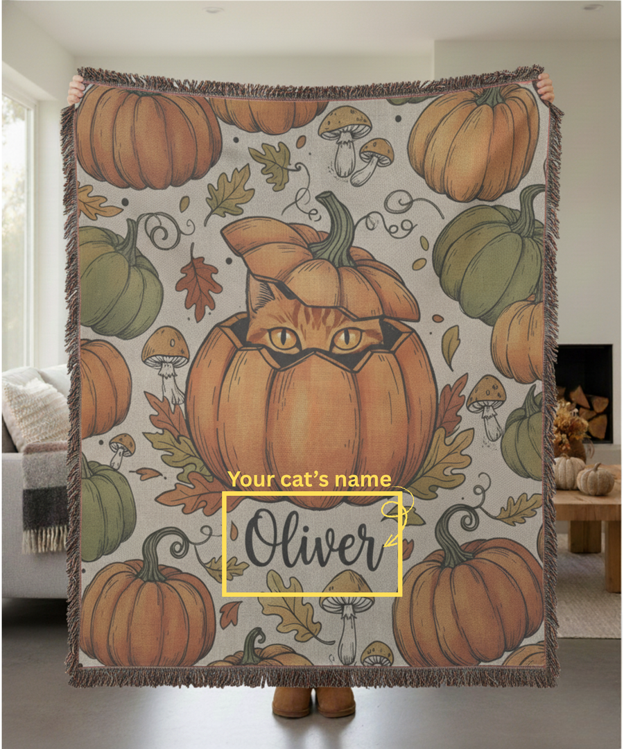 Personalized Pumpkin Cat Woven Throw Blanket