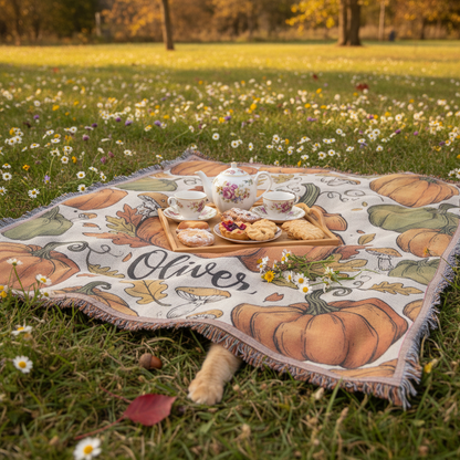 Personalized Pumpkin Cat Woven Blanket