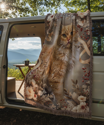 Winter Floral Cat Portrait Woven Blanket