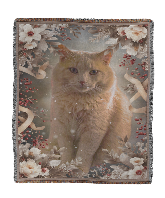 Winter Floral Cat Portrait Woven Blanket