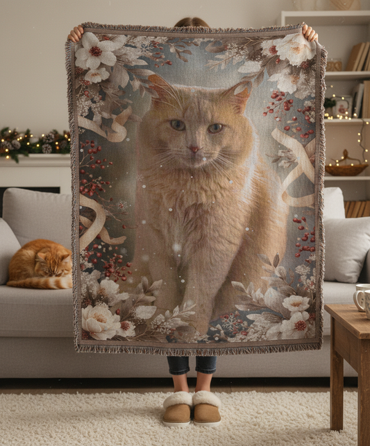 Winter Floral Cat Portrait Woven Blanket