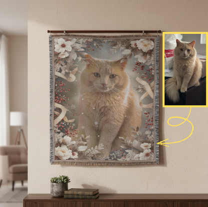 Winter Floral Cat Portrait Woven Blanket